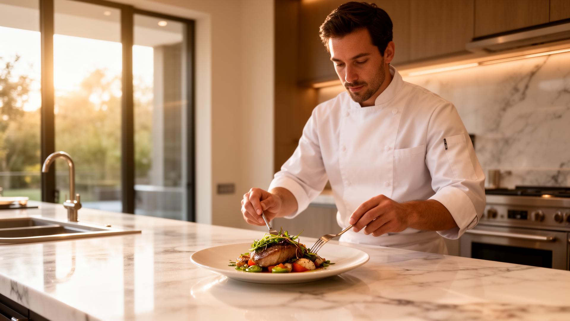Private chef plating gourmet food in a modern home kitchen